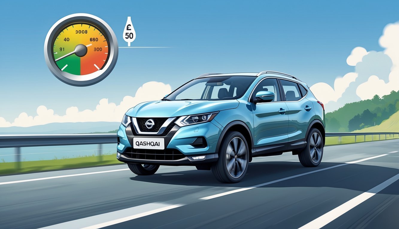 Nissan Qashqai koji vozi cestom s prikazom mjerača goriva i simbola troškova u pozadini.