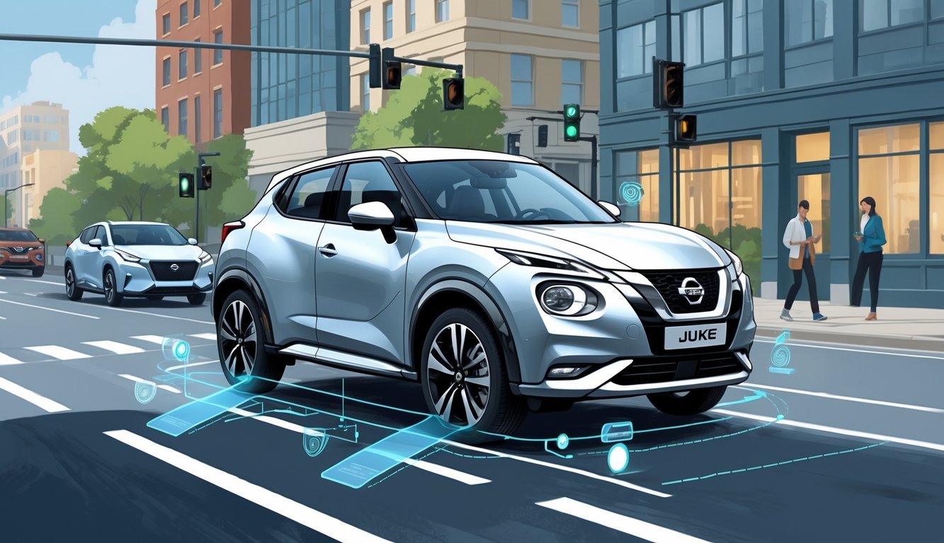 Nissan Juke na gradskoj cesti s prikazom aktivnih sigurnosnih i pomoćnih sustava vozaču.