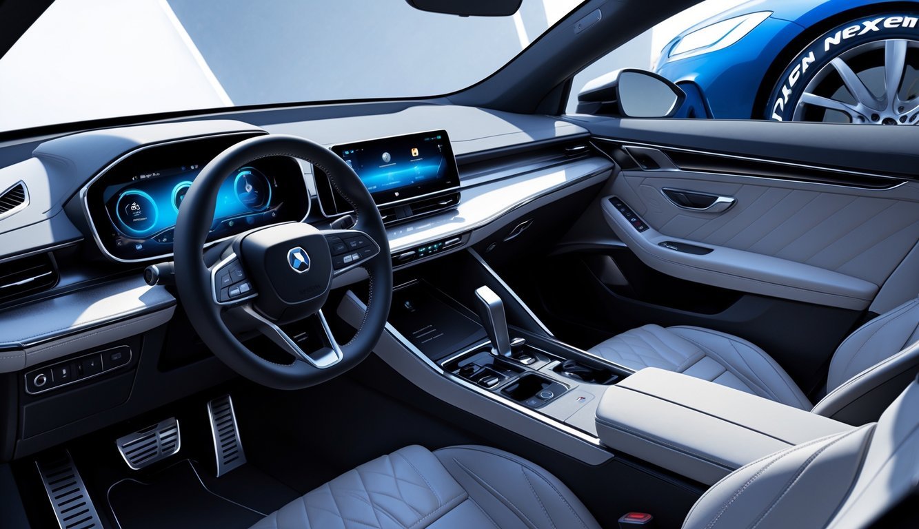 Unutrašnjost automobila s prikazom visokokvalitetne izrade i modernog infotainment sustava, s pogledom na prozor gdje se vide Nexen gume.