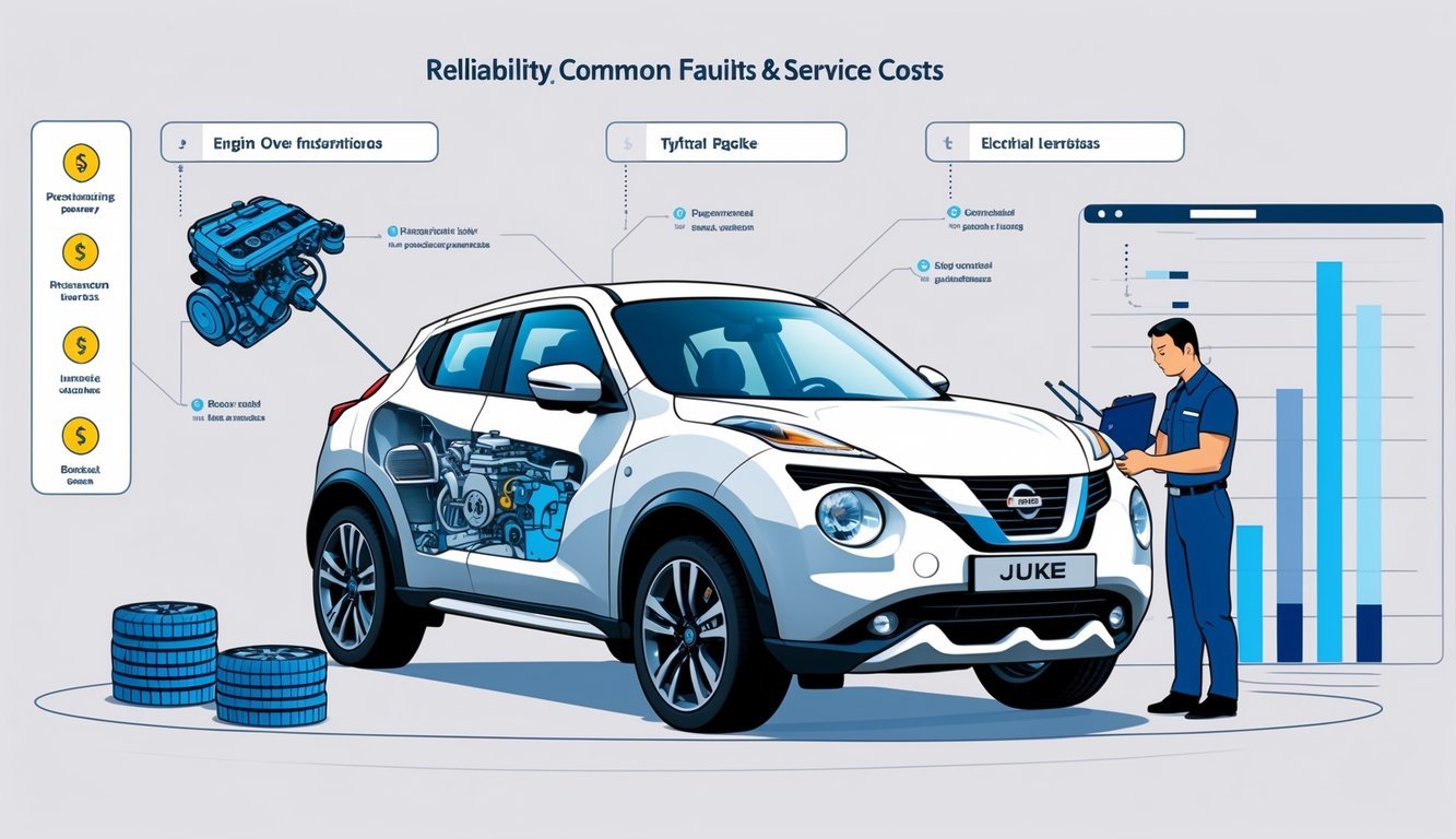Prikaz Nissan Juke automobila s prikazom mehaničkih dijelova, tipičnih kvarova i servisnih aktivnosti.