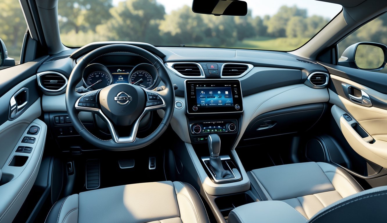 Unutrašnjost Nissan Qashqai s prikazom upravljača, sjedala i modernog infotainment sustava.
