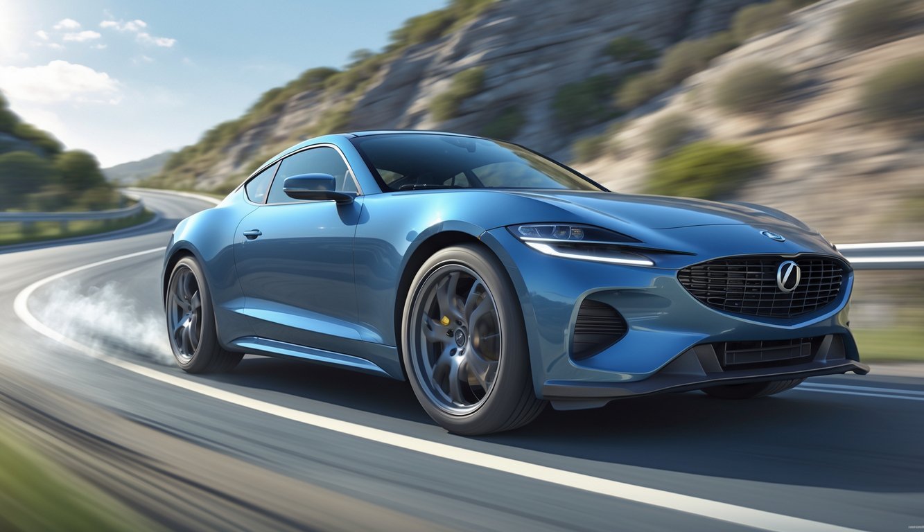 Automobil na cesti prikazan u pokretu s naglaskom na kotače i ovjes.