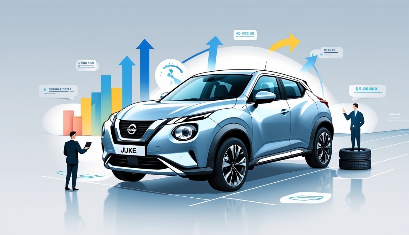 Prikaz Nissan Juke automobila okruženog simbolima cijena, opreme i tržišta rabljenih vozila.