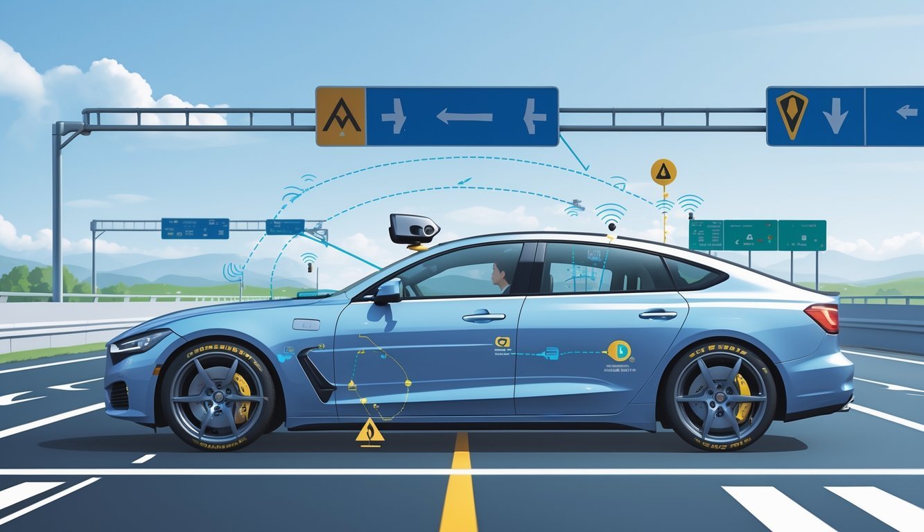 Automobil na cesti s vidljivim senzorskim signalima i Nexen gumama, okružen prometnim znakovima i drugim vozilima.