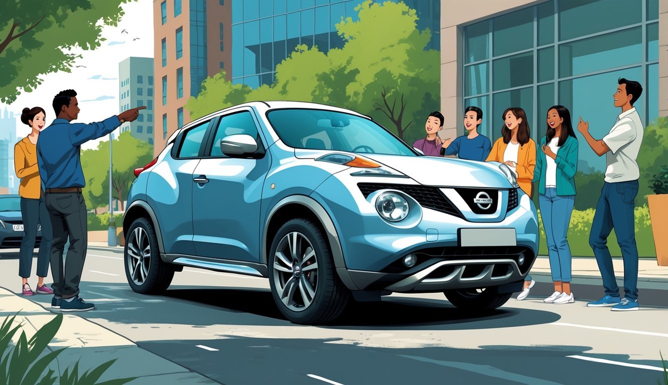 Grupa ljudi stoji oko Nissan Juke automobila na gradskoj ulici, razgovarajući i dijeleći svoja iskustva.