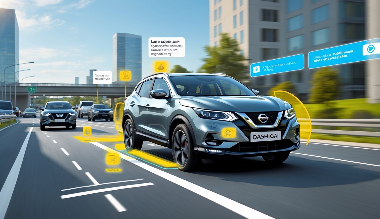 Nissan Qashqai na cesti s prikazom sigurnosnih i sustava pomoći vozaču.