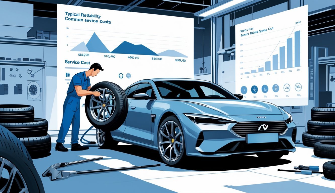 Automobil s Nexen gumama u radionici, mehaničar pregledava gume, prikaz tipičnih kvarova i troškova servisa.