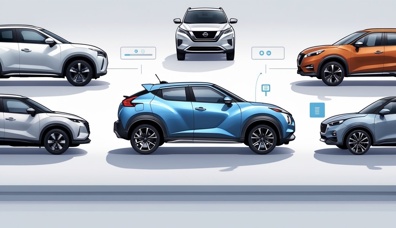 Prikaz nekoliko suv vozila postavljenih jedno pored drugog radi usporedbe, s naglaskom na Nissan Juke u sredini.