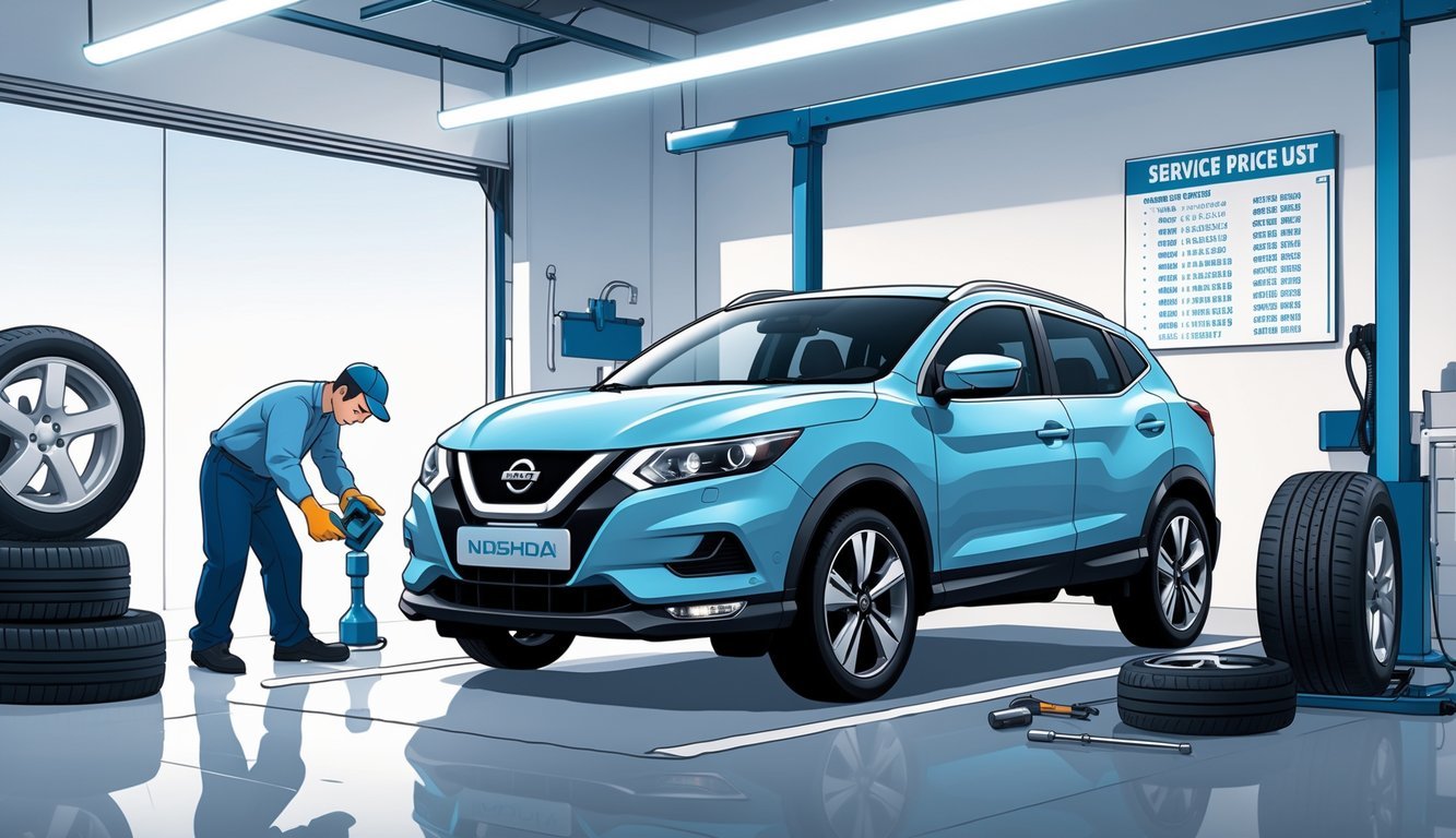 Nissan Qashqai u radionici s mehaničarom koji pregledava motor i mijenja gumu, prikazani su elementi održavanja automobila.