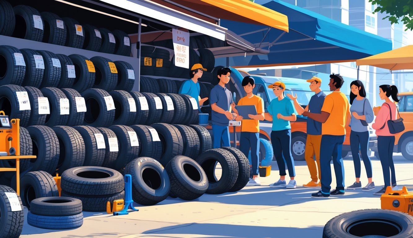 Tržišna scena s izloženim rabljenim Nexen gumama, opremom za gume i ljudima koji pregledavaju i razgovaraju o gumama.