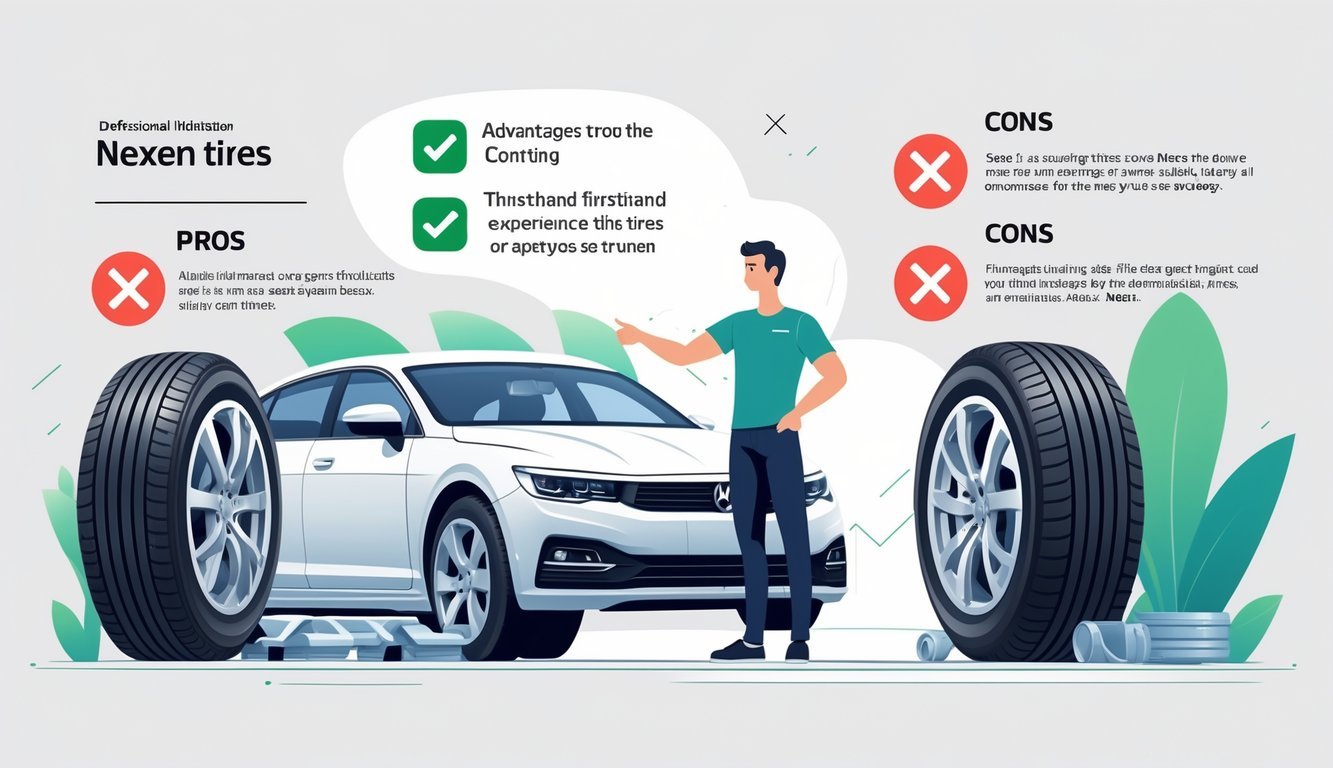 Osoba stoji pored automobila s Nexen gumama, pokazujući na gume dok objašnjava prednosti i mane.