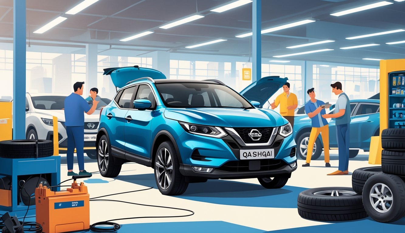 Scena s Nissan Qashqai automobilom i opremom na tržištu rabljenih vozila s ljudima koji pregledavaju i pregovaraju o kupnji automobila.