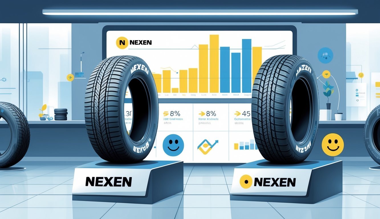 Prikaz usporedbe dviju guma, Nexen i alternativnih modela, s grafikonima i simbolima koji predstavljaju performanse i zadovoljstvo korisnika.