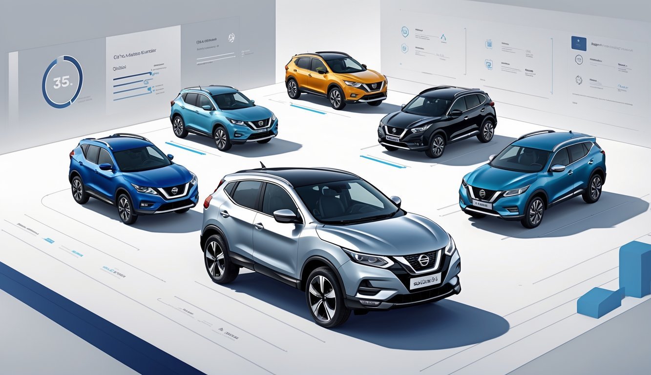 Prikaz Nissan Qashqaija okruženog drugim SUV vozilima za usporedbu njihovih karakteristika.