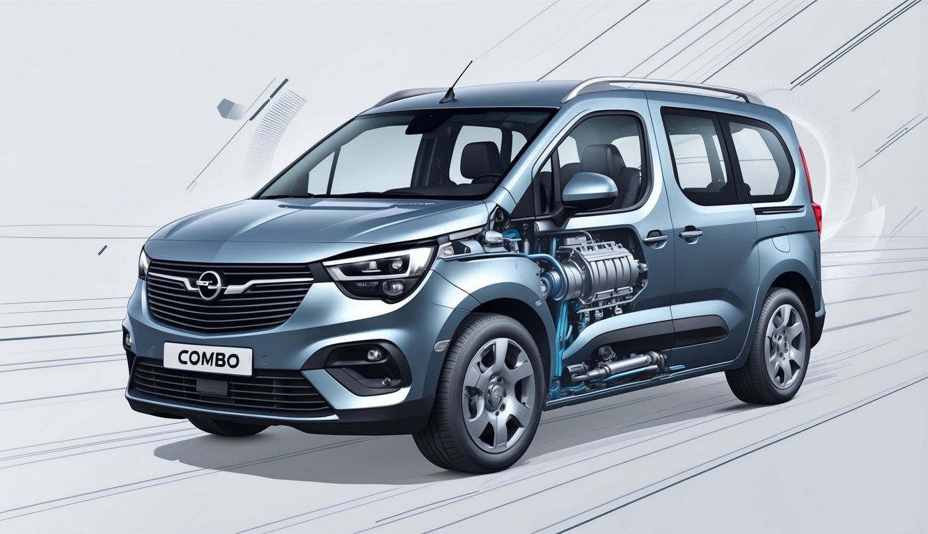 Ilustracija motora i mjenjača automobila Opel Combo s naglaskom na tehničke detalje.