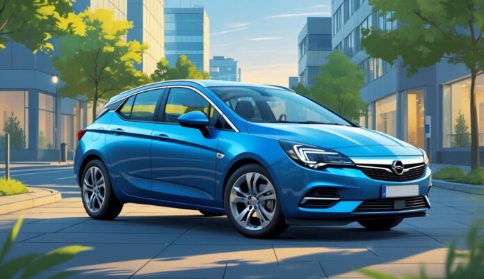 Automobil Opel Astra H 1.7 CDTI parkiran na gradskoj ulici s modernim zgradama i drvećem u pozadini.