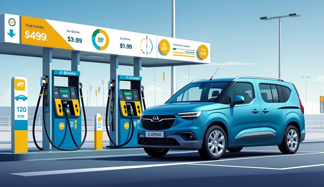 Opel Combo vozilo pored benzinske pumpe s grafikonima koji prikazuju potrošnju goriva i troškove vožnje.