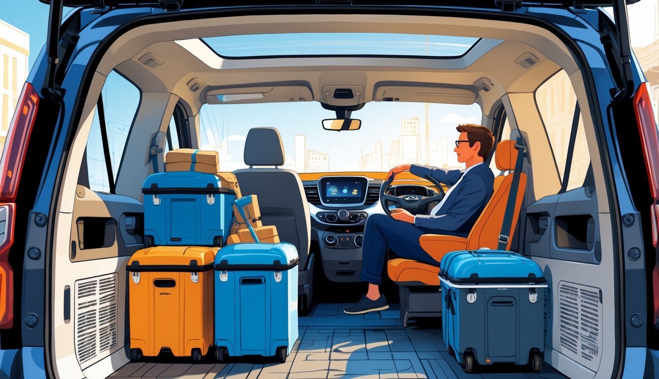 Prikaz Opel Combo vozila s otvorenim stražnjim vratima i prostranim prtljažnikom, s vozačem i suvozačem koji sjede udobno unutar automobila.