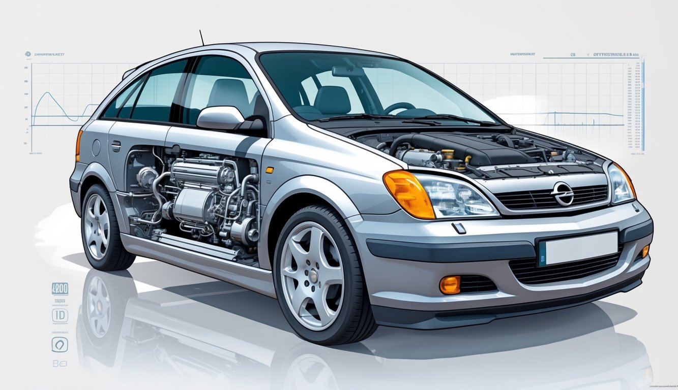 Ilustracija automobila Opel Astra H 1.7 CDTI s prikazom motora i mjenjača.