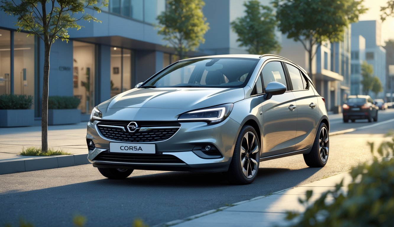 Moderan Opel Corsa parkiran na gradskoj ulici s zgradama i zelenilom u pozadini.