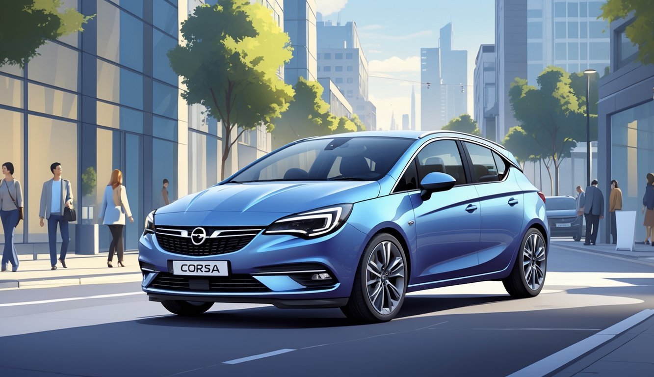 Automobil Opel Corsa parkiran u urbanom okruženju s nekoliko prolaznika u pozadini.