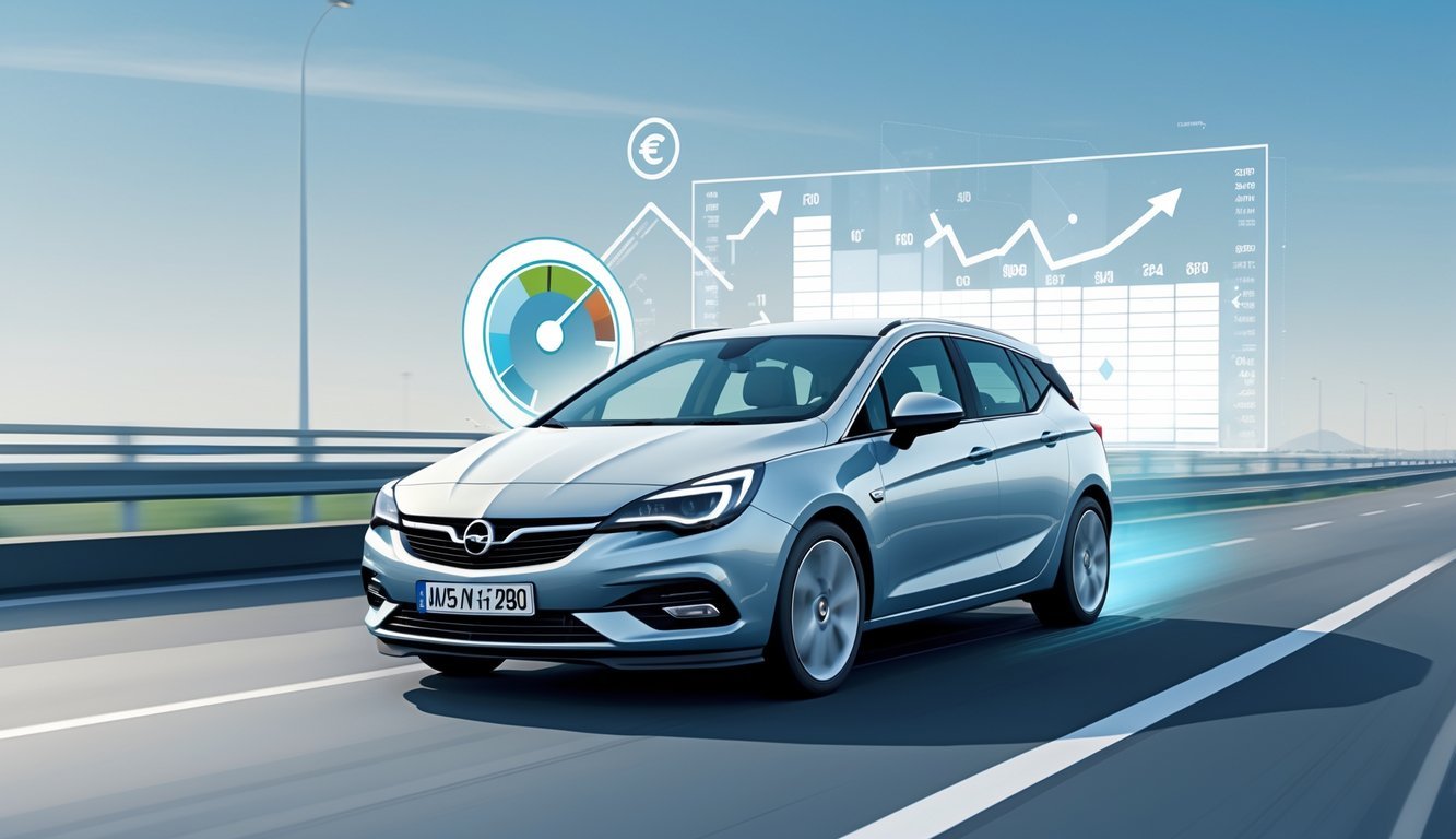Automobil Opel Astra H 1.7 CDTI na cesti s prikazom elemenata koji simboliziraju potrošnju goriva i ukupne troškove vožnje.