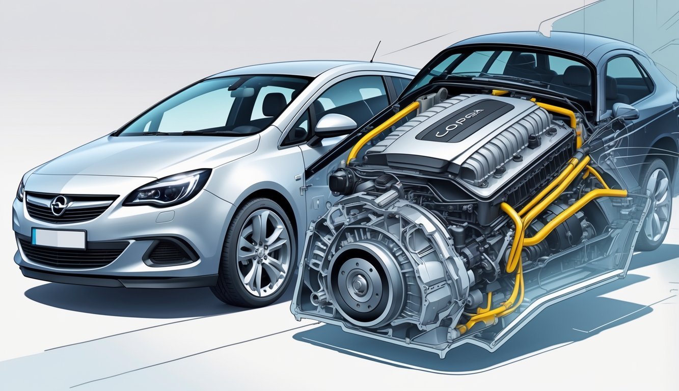 Automobil Opel Corsa s prikazom motora i mjenjača u presjeku.