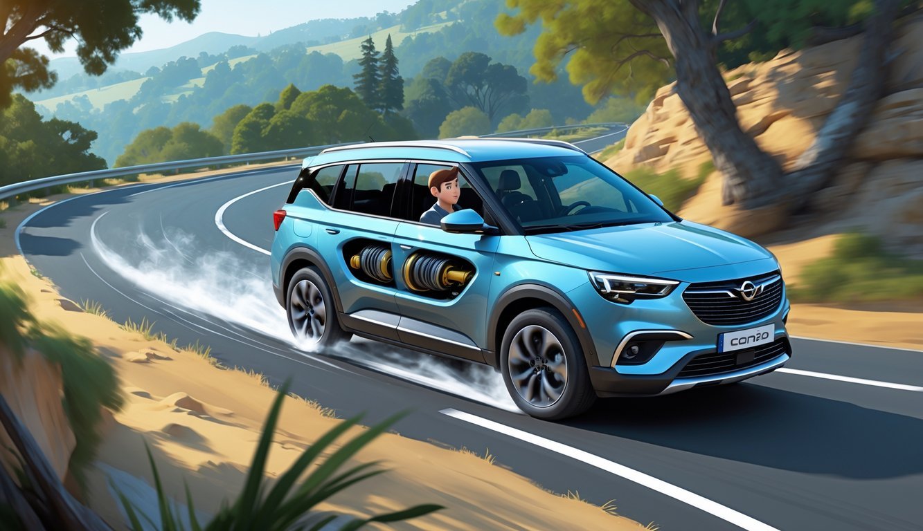 Opel Combo vozilo na vijugavoj cesti okruženo prirodom, s vidljivim elementima ovjesa i vozačem koji upravlja automobilom.