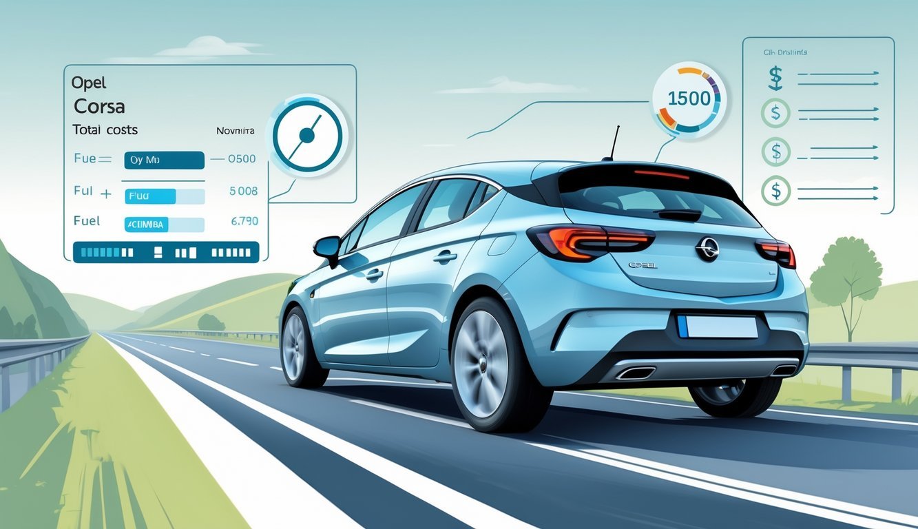 Automobil Opel Corsa na cesti s prikazom pokazivača goriva i ikona koje simboliziraju troškove vožnje.