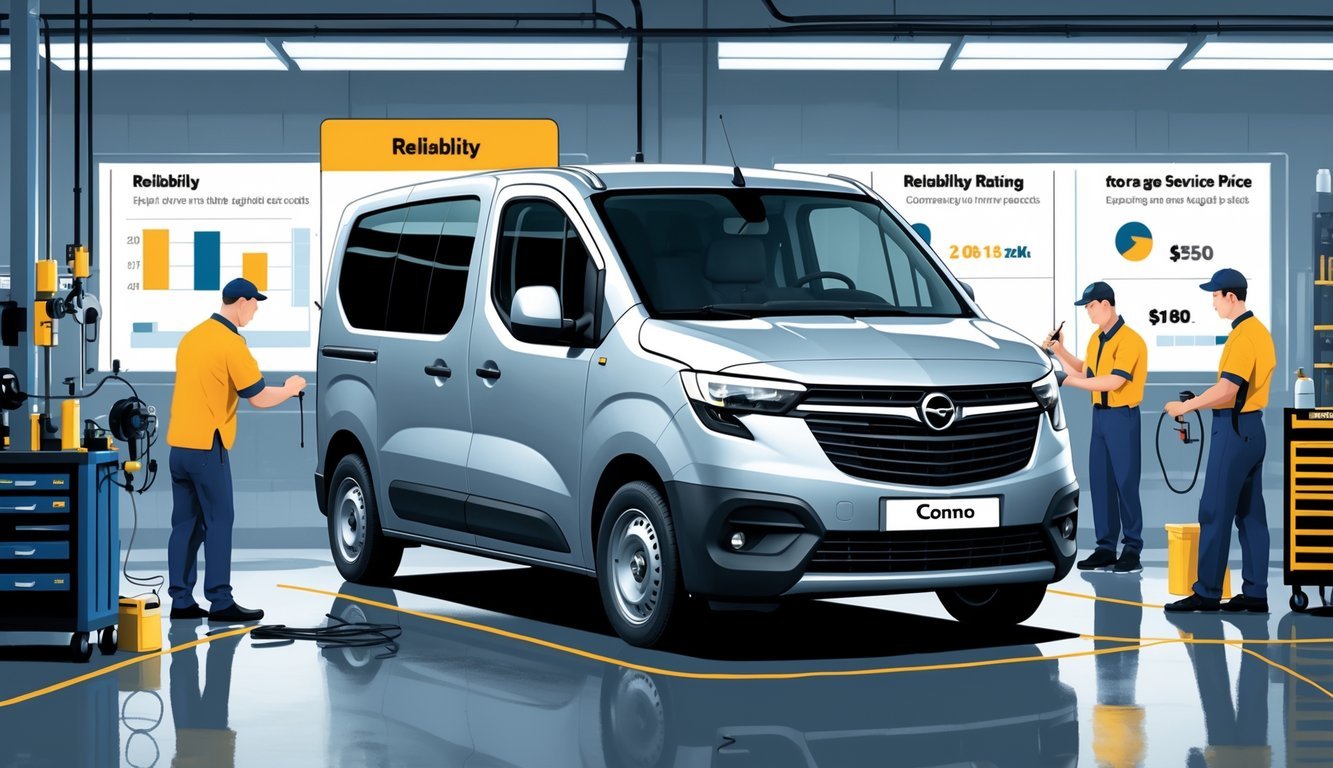 Opel Combo vozilo u radionici, mehaničari pregledavaju motor i dijelove, okruženi alatima i opremom za servis.