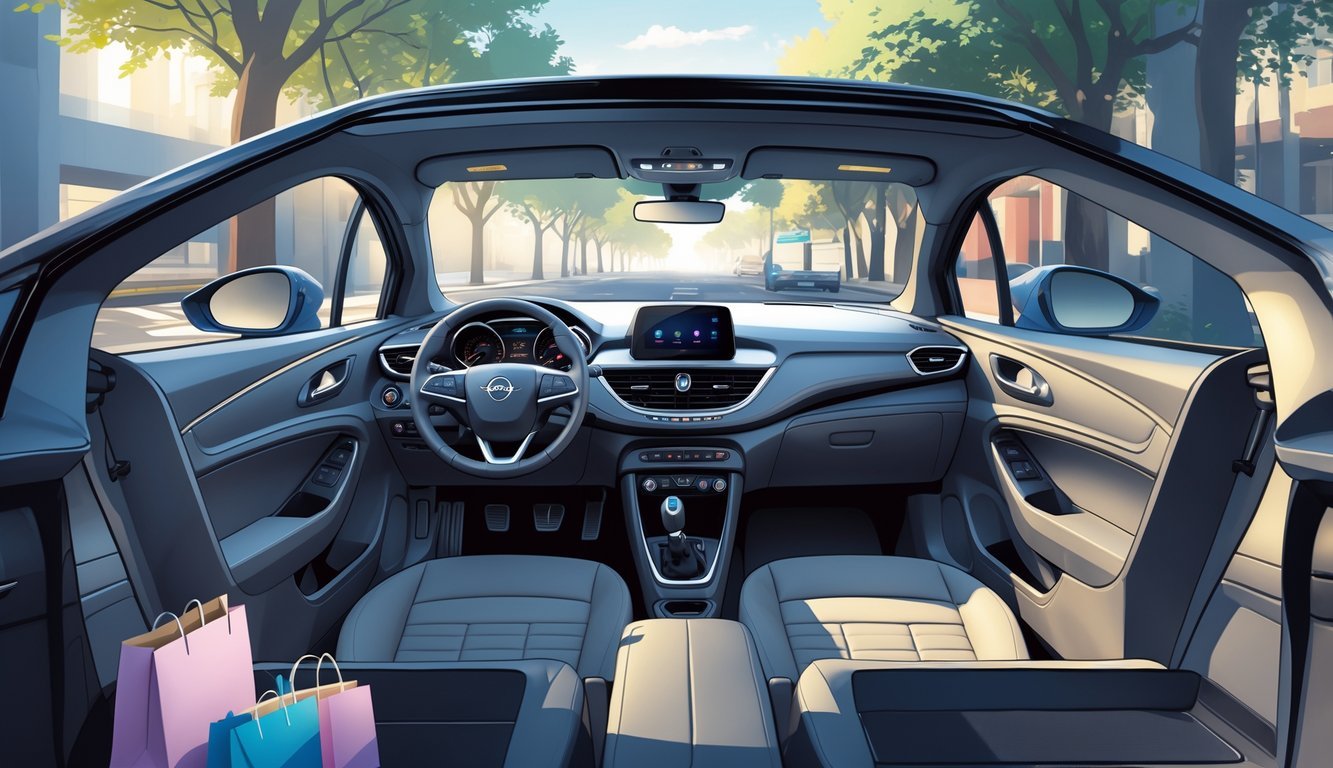 Opel Corsa s otvorenim vratima koja prikazuju udoban i prostran unutarnji prostor, parkiran na gradskom ulici s drvećem i pješačkim stazama.