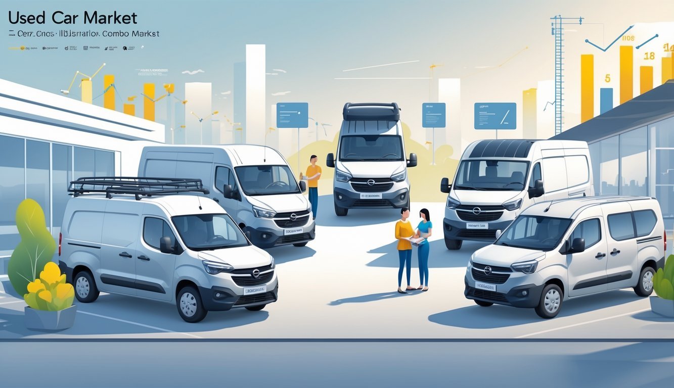 Prikaz nekoliko rabljenih Opel Combo vozila na prodajnom mjestu s ljudima koji ih pregledavaju i razgovaraju, uz grafičke prikaze tržišnih podataka u pozadini.