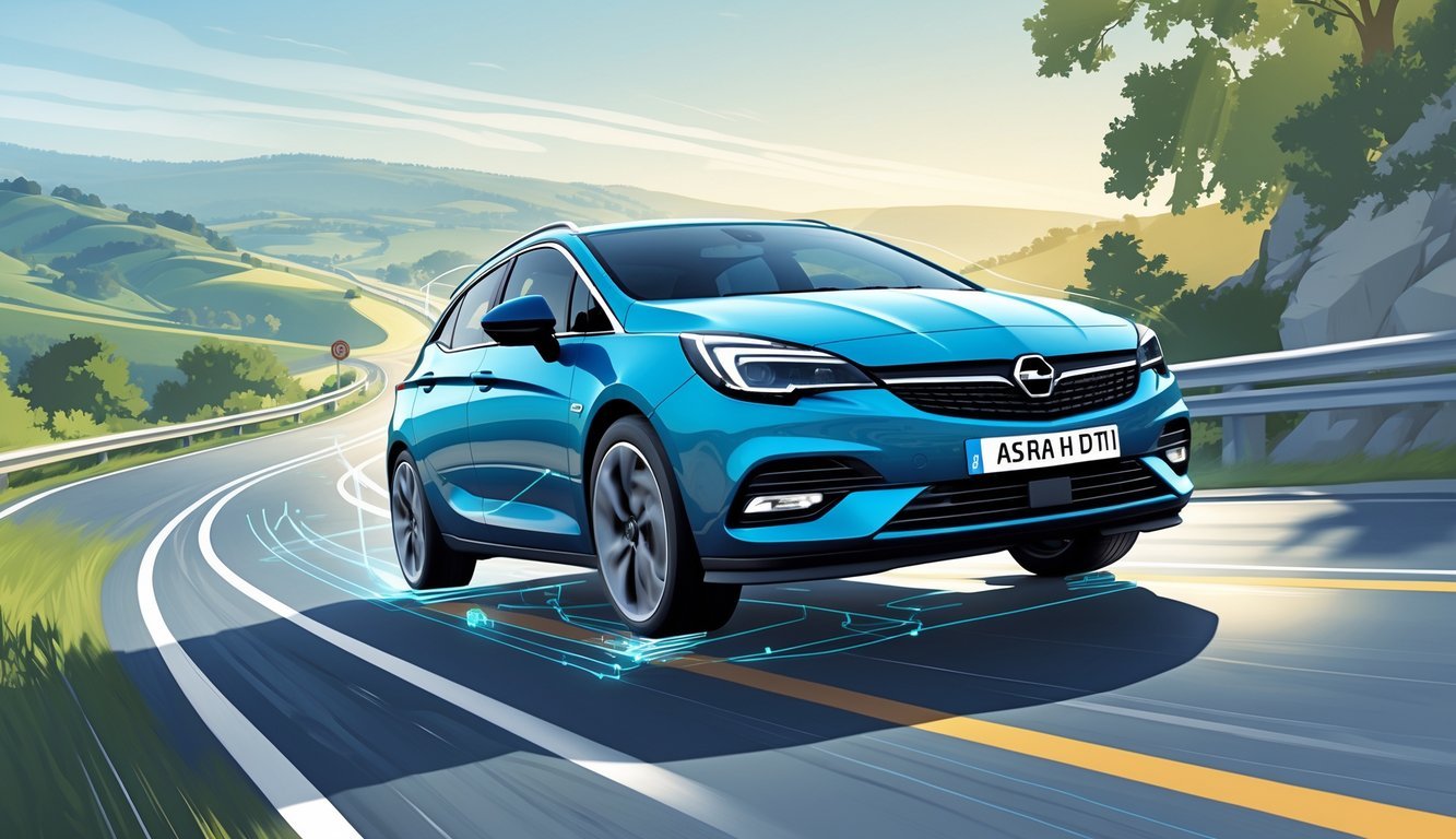 Automobil Opel Astra H 1.7 CDTI vozi cestom okruženom prirodom s prikazom dijelova ovjesa.