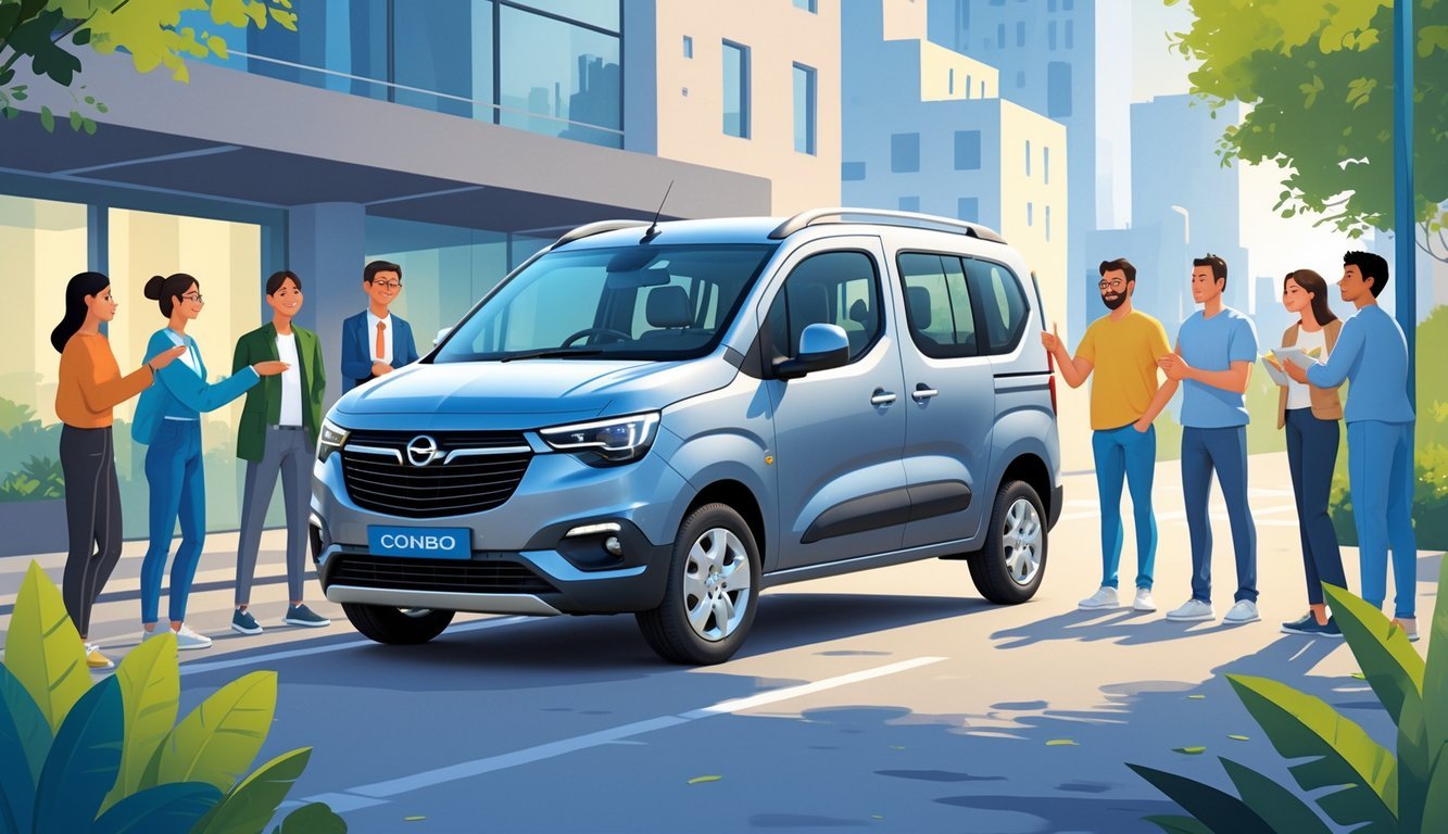 Grupa ljudi stoji oko parkiranog Opel Combo vozila u gradskom okruženju, razgovarajući o svojim iskustvima s automobilom.