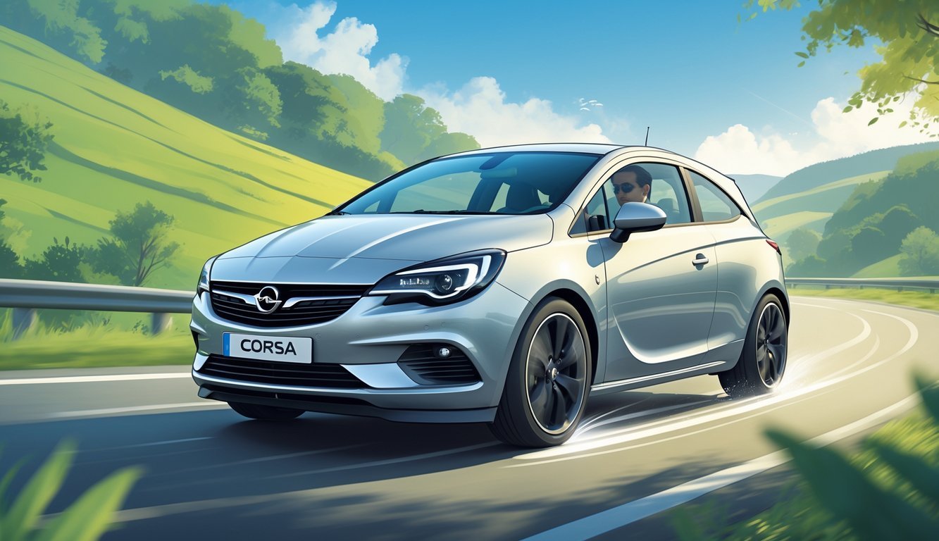 Srebrni Opel Corsa u pokretu na vijugavoj cesti okruženoj zelenilom i blagim brdima, s vozačem koji izgleda fokusirano i udobno.