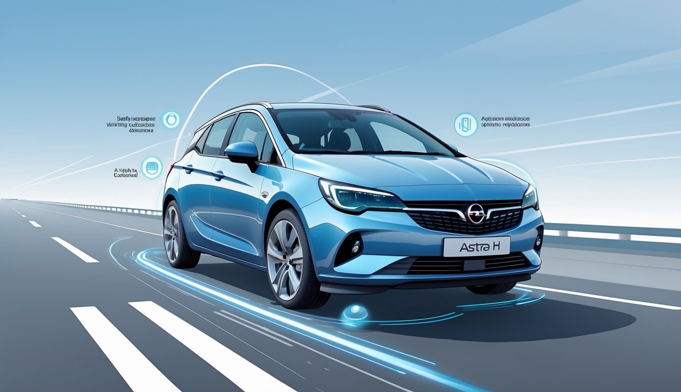 Automobil Opel Astra H 1.7 CDTI na cesti s istaknutim sigurnosnim i pomoćnim sustavima za vozača.