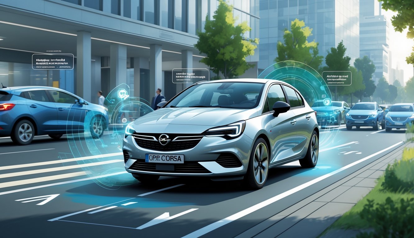 Automobil Opel Corsa na cesti s prikazom aktivnih sigurnosnih sustava i sustava pomoći vozaču.