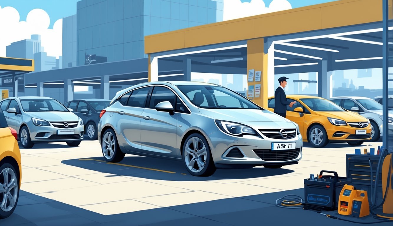 Prikaz parkiranog srebrnog Opel Astra H 1.7 CDTI na prodajnom mjestu s drugim rabljenim automobilima i opremom, uz prodavača koji razgovara s kupcem.