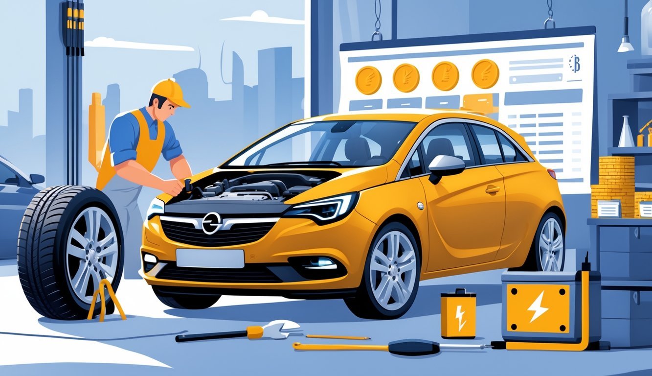 Mehaničar pregledava Opel Corsu u garaži, okružen simbolima uobičajenih kvarova i alatima za popravak.
