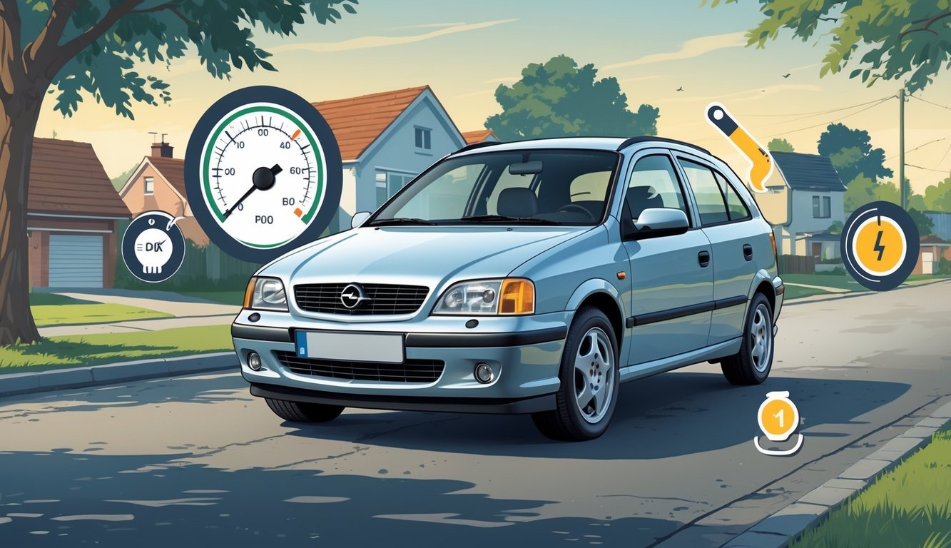 Opel Astra H 1.7 CDTI parkiran na ulici u stambenom kvartu, s simbolima koji prikazuju prednosti i mane vlasništva automobila.