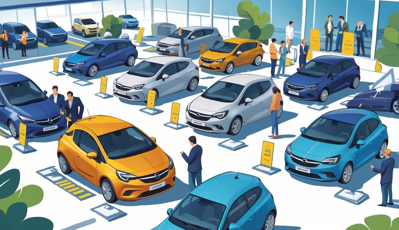 Prodajno mjesto s nekoliko rabljenih Opel Corsa automobila, ljudi pregledavaju i razgovaraju o vozilima.