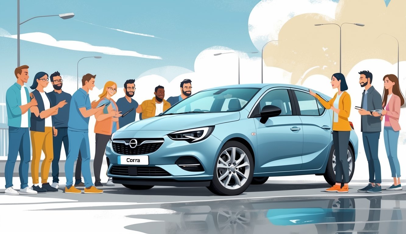 Grupa ljudi okupljena oko Opel Corse razgovara i razmjenjuje iskustva o automobilu.