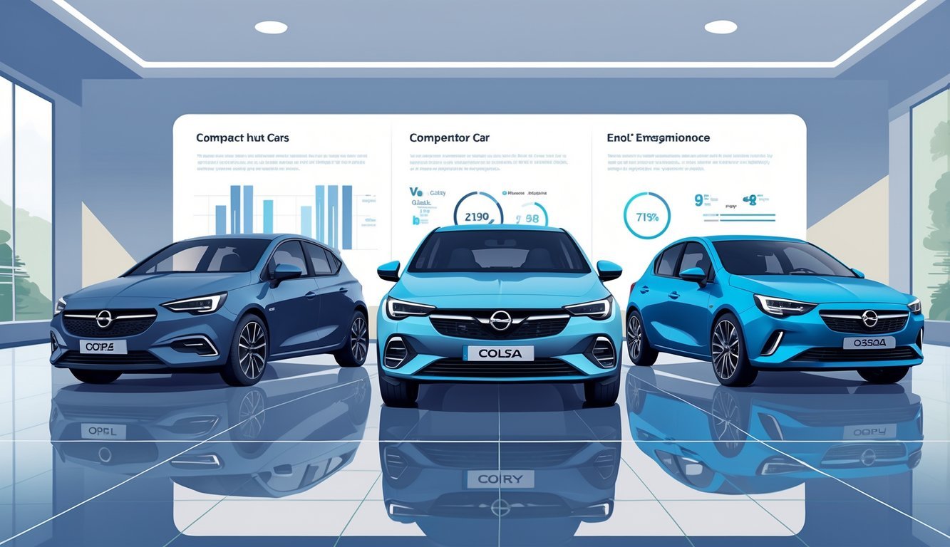 Tri automobila postavljena jedan do drugog u izložbenom prostoru, s Opel Corsom u sredini i dva konkurentska modela sa strane.