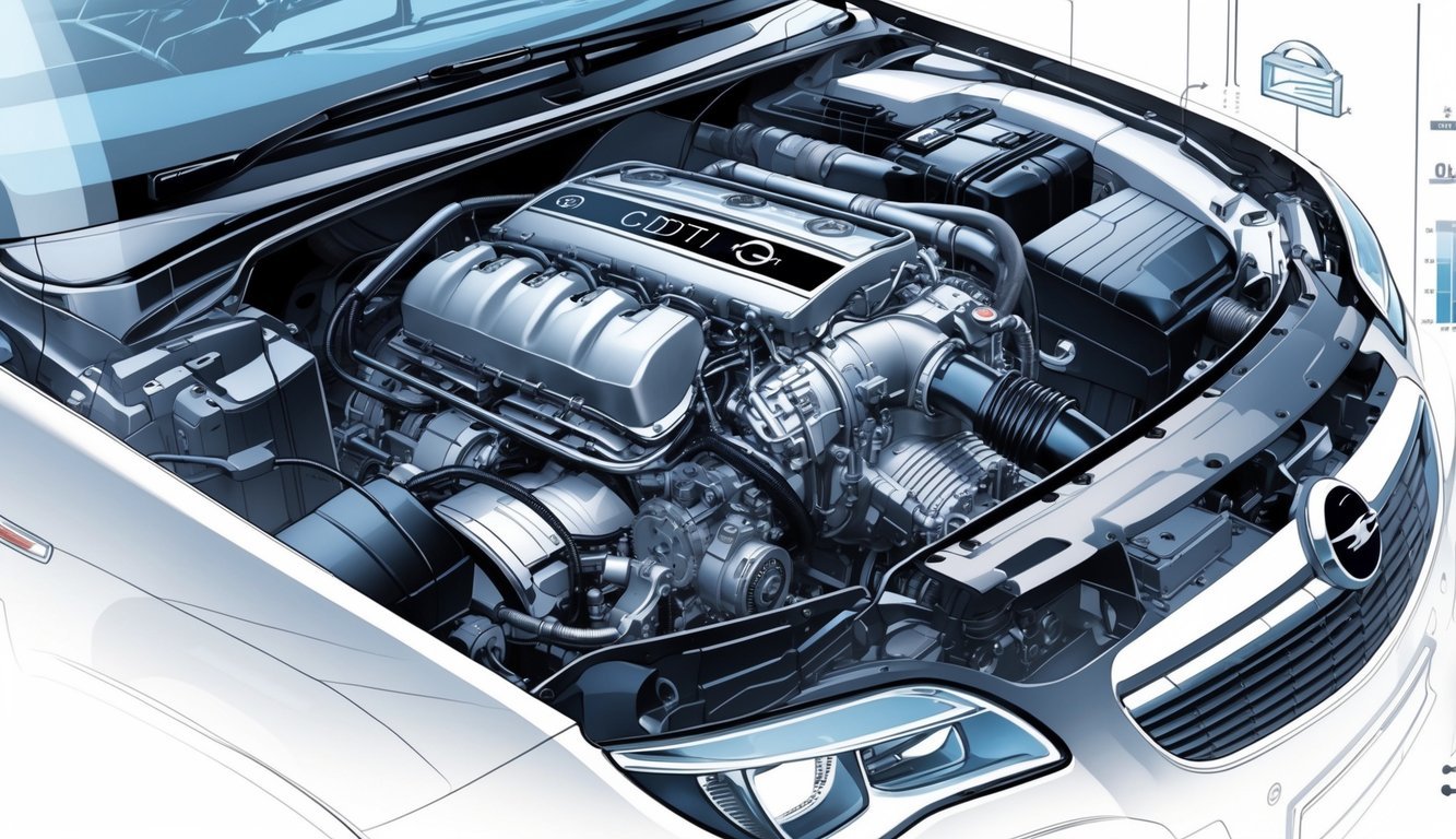 Prikaz motora i mjenjača Opel Insignia 2.0 CDTI s istaknutim dijelovima i performansama.