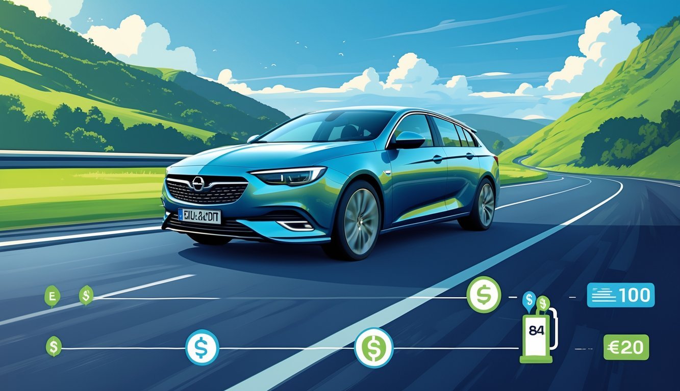 Automobil Opel Insignia 2.0 CDTI koji vozi cestom okruženom zelenim brežuljcima i plavim nebom, s grafičkim prikazima potrošnje goriva i troškova vožnje.