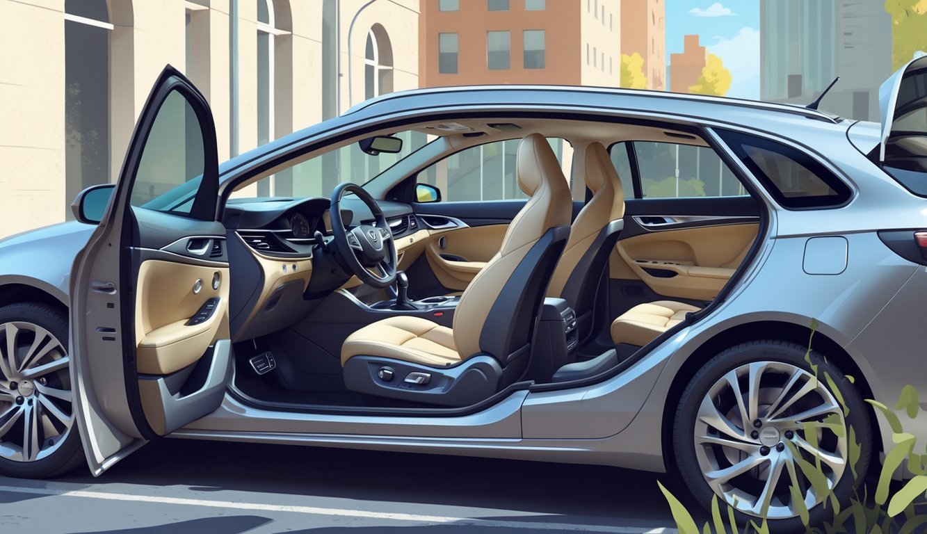 Prikaz srebrnog Opel Insignia 2.0 CDTI automobila s otvorenim vratima koji otkrivaju prostrani i udobni unutrašnji prostor.