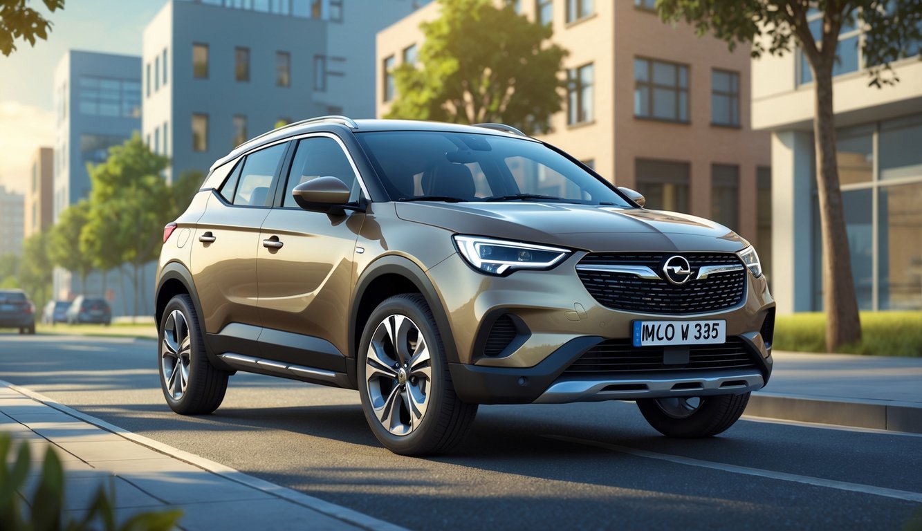 Opel Crossland parkiran na gradskoj ulici s modernim zgradama i drvećem u pozadini.