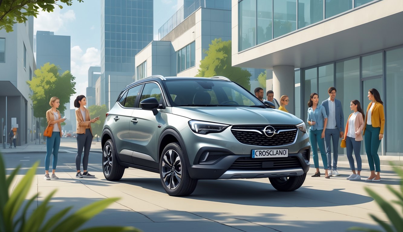 Opel Crossland parkiran u urbanom okruženju s ljudima različitih dobi oko vozila.