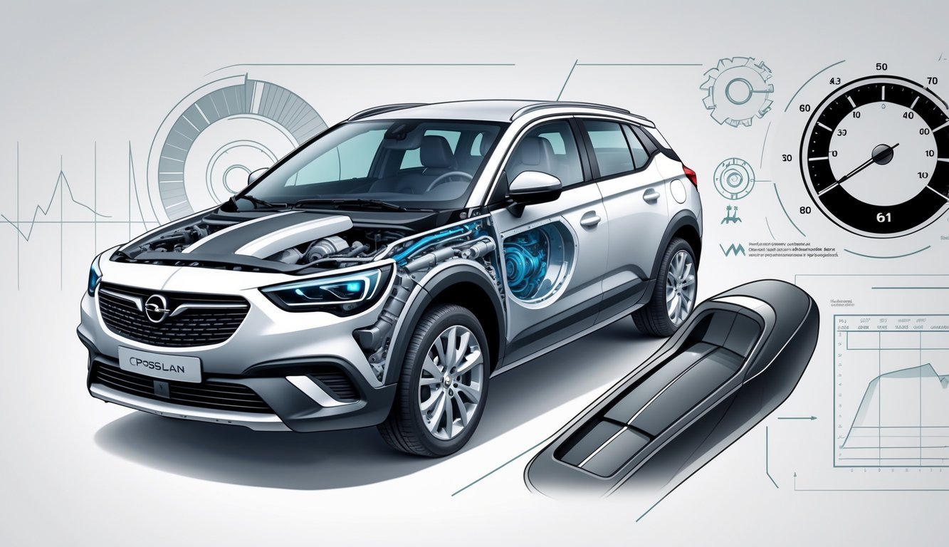 Prikaz automobila Opel Crossland s istaknutim motorom, performansama i mjenjačem u tehničkom prikazu.