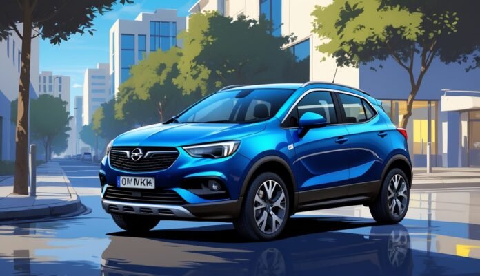 Opel Mokka parkiran na gradskoj ulici s modernim zgradama u pozadini.